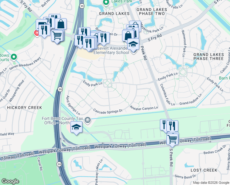 map of restaurants, bars, coffee shops, grocery stores, and more near 22407 Coral Chase Court in Katy
