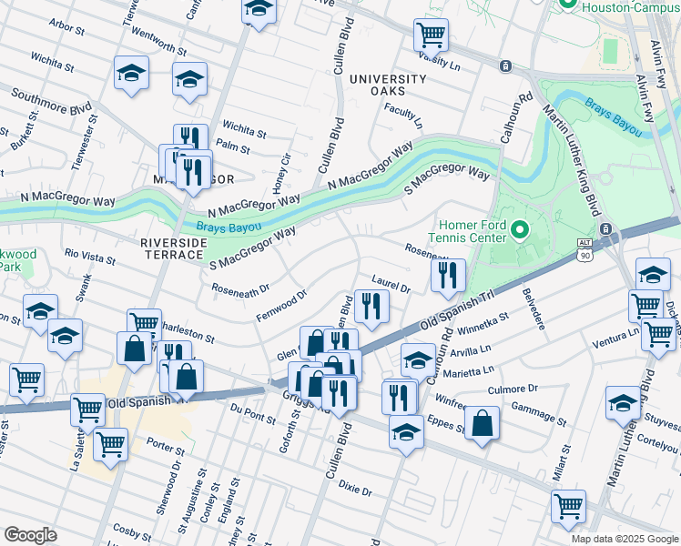 map of restaurants, bars, coffee shops, grocery stores, and more near 4128 Fernwood Drive in Houston