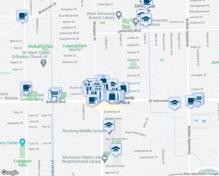 map of restaurants, bars, coffee shops, grocery stores, and more near 6703 West College Street in Houston