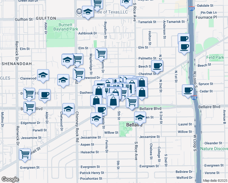 map of restaurants, bars, coffee shops, grocery stores, and more near 5201 Spruce Street in Bellaire