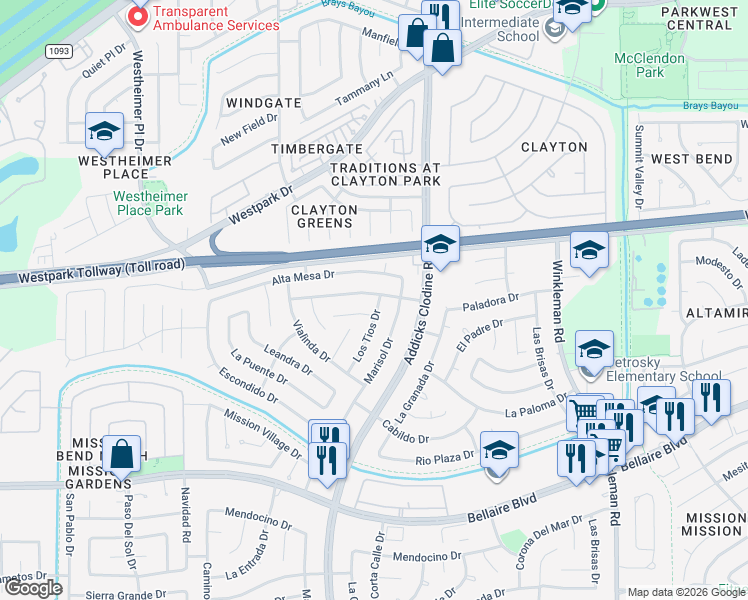 map of restaurants, bars, coffee shops, grocery stores, and more near 15703 Amapola Drive in Houston
