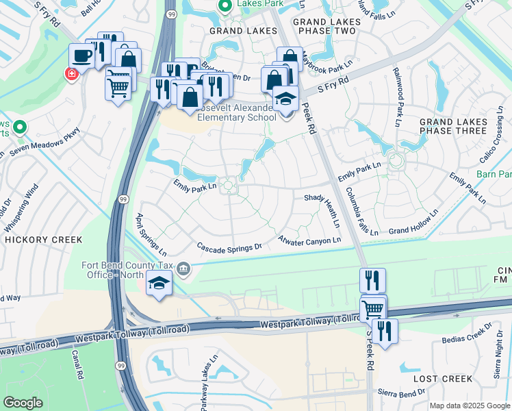 map of restaurants, bars, coffee shops, grocery stores, and more near 6138 Rachels Court in Katy