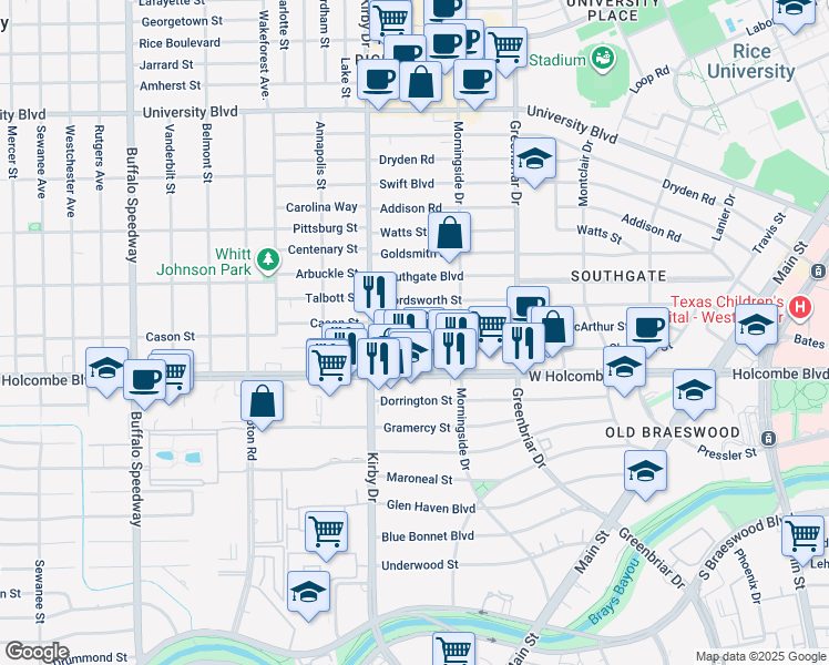 map of restaurants, bars, coffee shops, grocery stores, and more near 6607 Kelvin Drive in Houston