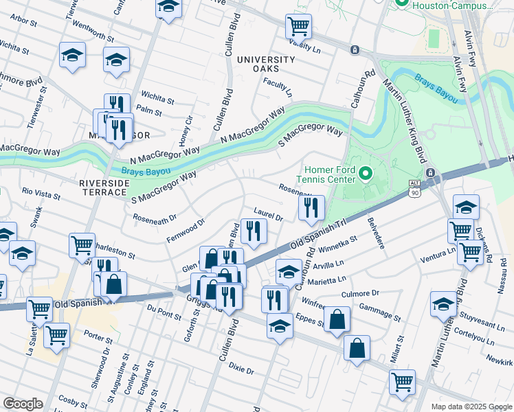 map of restaurants, bars, coffee shops, grocery stores, and more near 4311 Laurel Drive in Houston