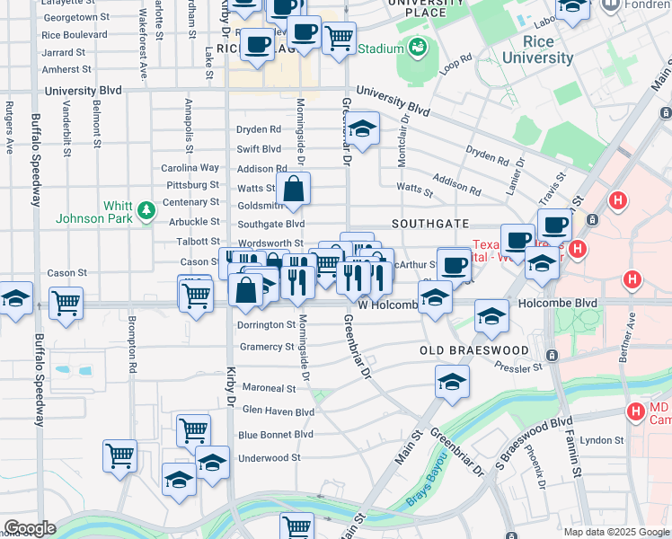 map of restaurants, bars, coffee shops, grocery stores, and more near 2319 McClendon Street in Houston