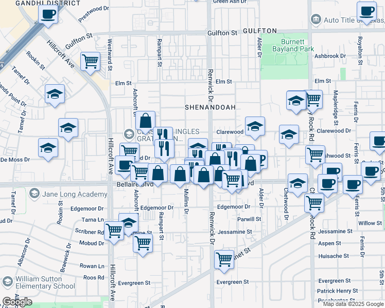 map of restaurants, bars, coffee shops, grocery stores, and more near 5920 Dashwood Drive in Houston