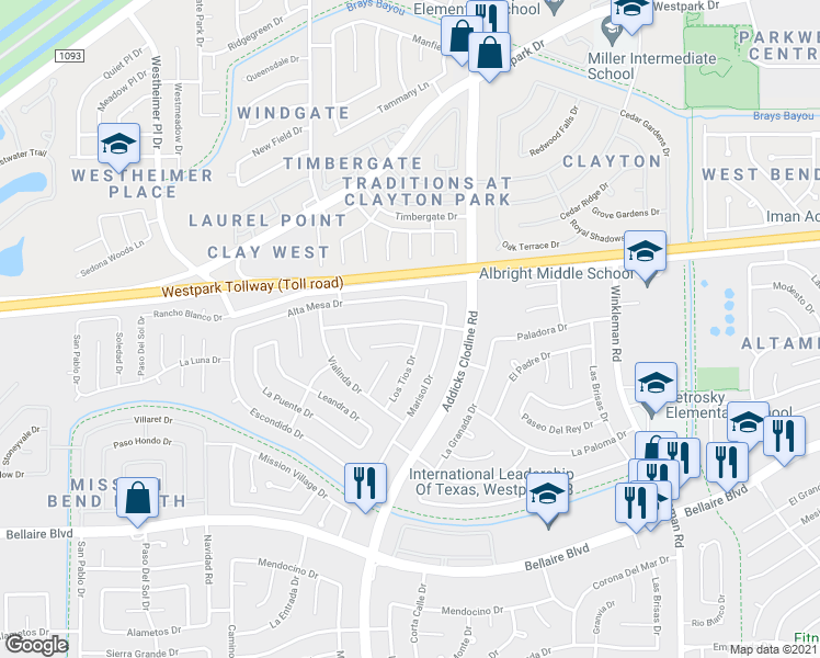 map of restaurants, bars, coffee shops, grocery stores, and more near 15703 Amapola Drive in Houston