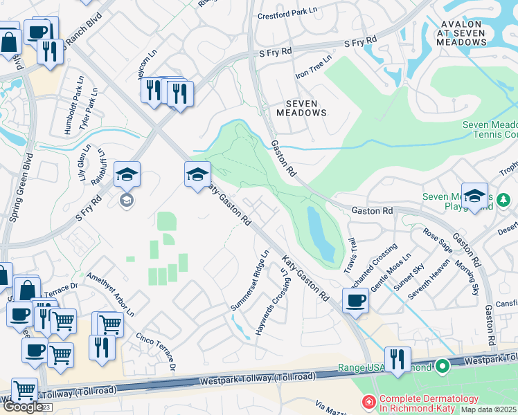 map of restaurants, bars, coffee shops, grocery stores, and more near 6207 Katy-Gaston Road in Katy