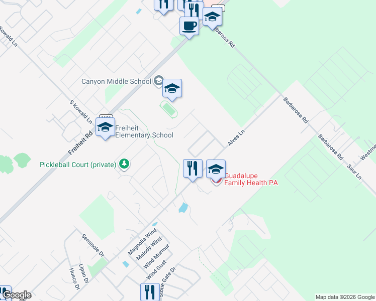 map of restaurants, bars, coffee shops, grocery stores, and more near 630 Creekside Circle in New Braunfels