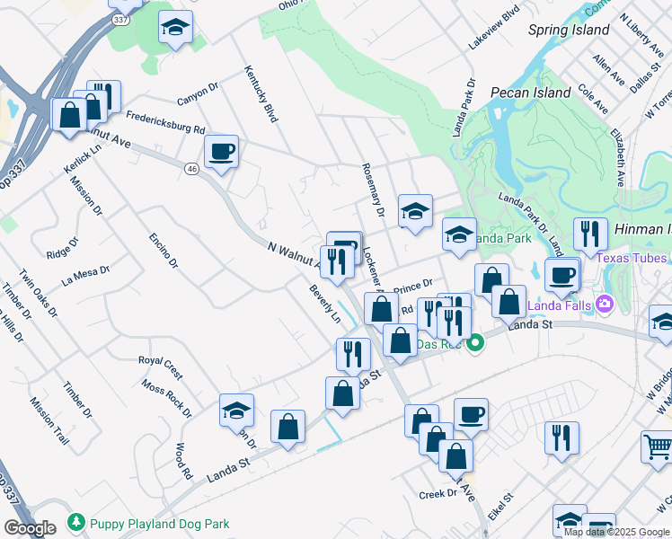 map of restaurants, bars, coffee shops, grocery stores, and more near 1106 North Walnut Avenue in New Braunfels
