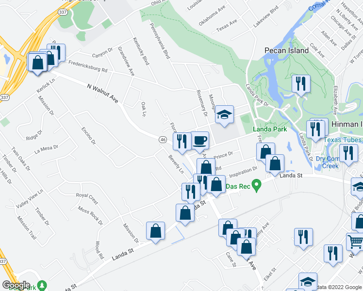 map of restaurants, bars, coffee shops, grocery stores, and more near 1106 North Walnut Avenue in New Braunfels