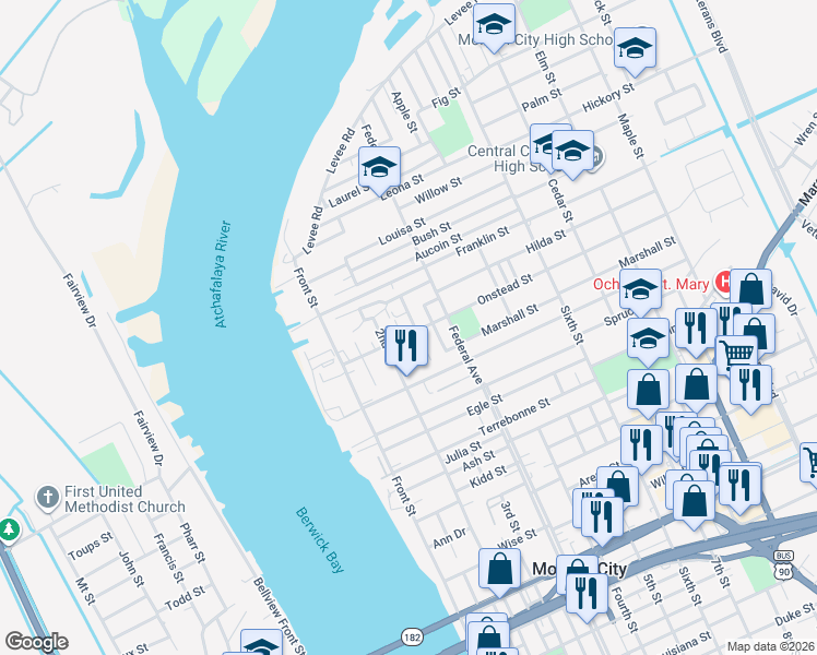 map of restaurants, bars, coffee shops, grocery stores, and more near 337 Onstead Street in Morgan City