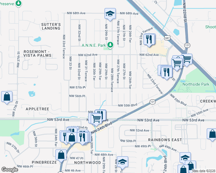 map of restaurants, bars, coffee shops, grocery stores, and more near 5731 Northwest 29 Street in Gainesville