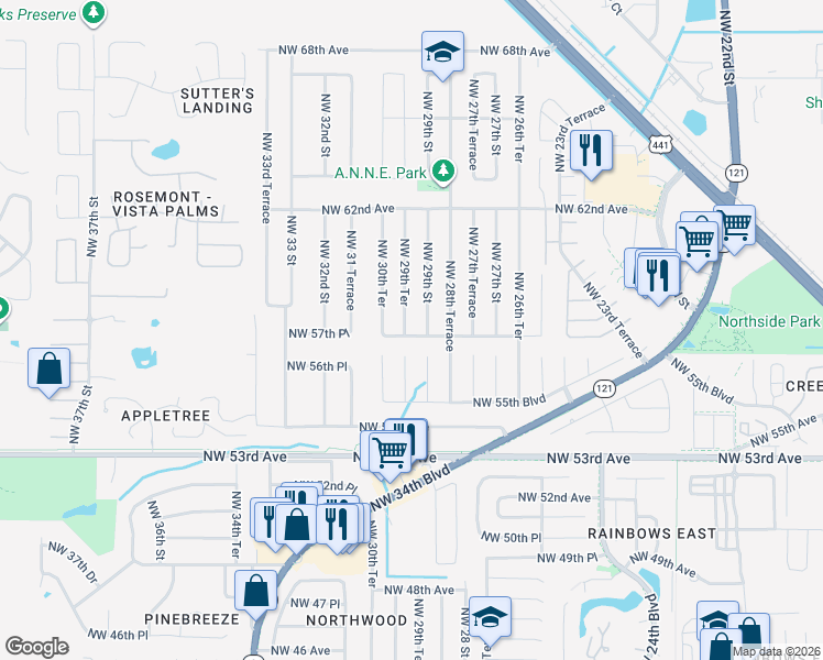 map of restaurants, bars, coffee shops, grocery stores, and more near 5730 Northwest 29th Terrace in Gainesville