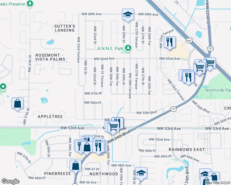 map of restaurants, bars, coffee shops, grocery stores, and more near 5730 Northwest 29th Terrace in Gainesville