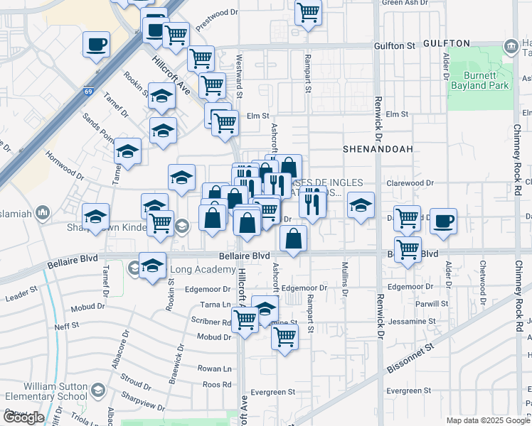 map of restaurants, bars, coffee shops, grocery stores, and more near 6206 Dashwood Drive in Houston