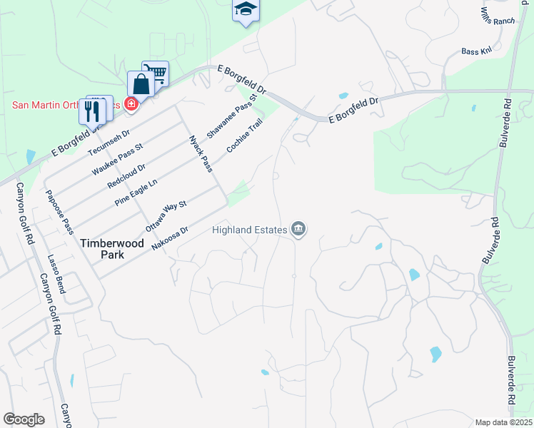 map of restaurants, bars, coffee shops, grocery stores, and more near 27205 Highland Crest in San Antonio