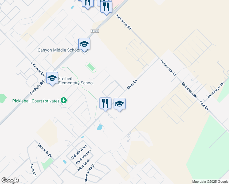 map of restaurants, bars, coffee shops, grocery stores, and more near 514 Creekside Circle in New Braunfels