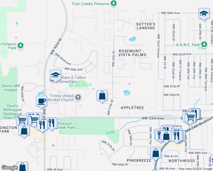 map of restaurants, bars, coffee shops, grocery stores, and more near 3748 Northwest 56 Lane in Gainesville