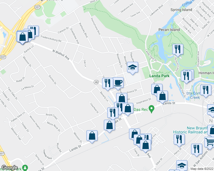 map of restaurants, bars, coffee shops, grocery stores, and more near 1106 North Walnut Avenue in New Braunfels