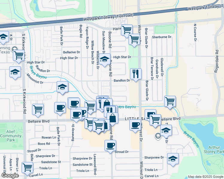 map of restaurants, bars, coffee shops, grocery stores, and more near 11122 Petworth Drive in Houston