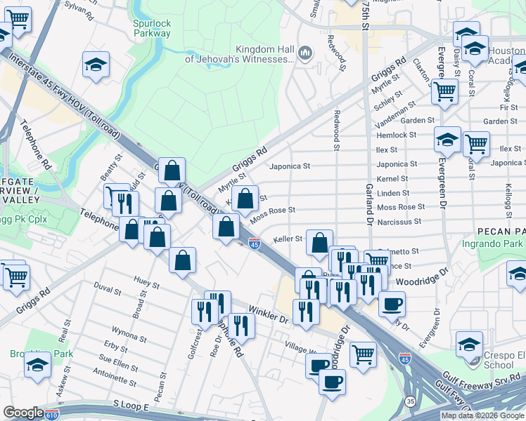 map of restaurants, bars, coffee shops, grocery stores, and more near 6603 Moss Rose Street in Houston