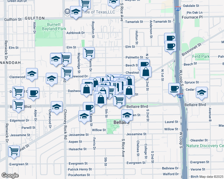 map of restaurants, bars, coffee shops, grocery stores, and more near 5106 Bissonnet Street in Bellaire
