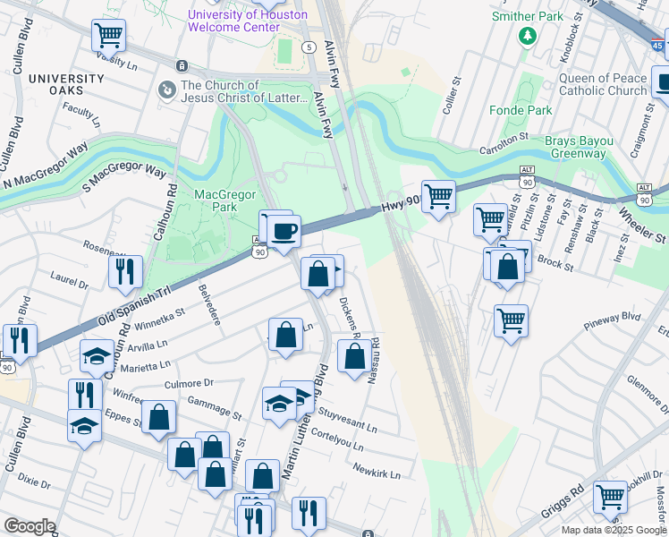 map of restaurants, bars, coffee shops, grocery stores, and more near 4918 Dickens Road in Houston