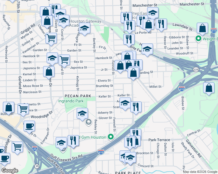 map of restaurants, bars, coffee shops, grocery stores, and more near 7816 Brumblay Street in Houston