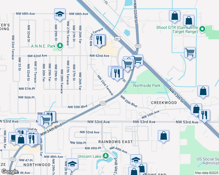 map of restaurants, bars, coffee shops, grocery stores, and more near 5801 Northwest 23rd Terrace in Gainesville