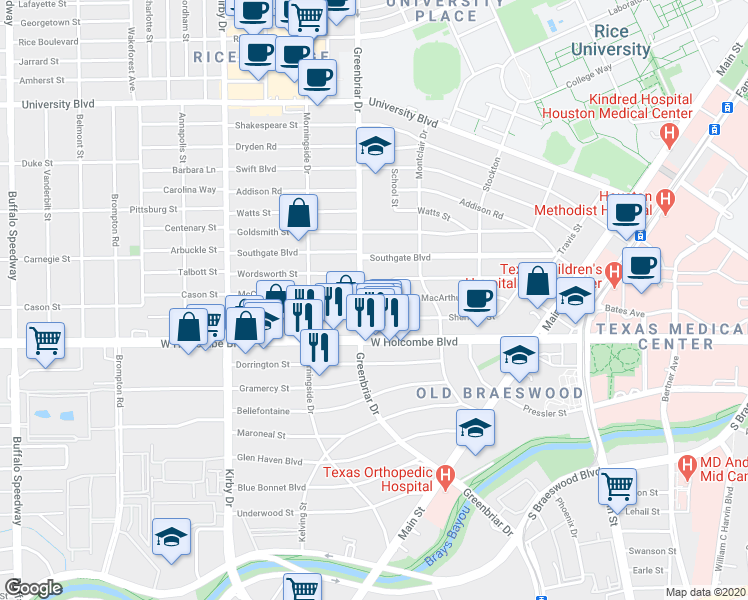 map of restaurants, bars, coffee shops, grocery stores, and more near 6804 Bellgreen Drive in Houston