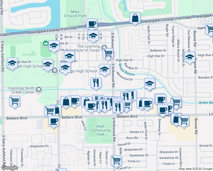 map of restaurants, bars, coffee shops, grocery stores, and more near 4418 South Kirkwood Road in Houston