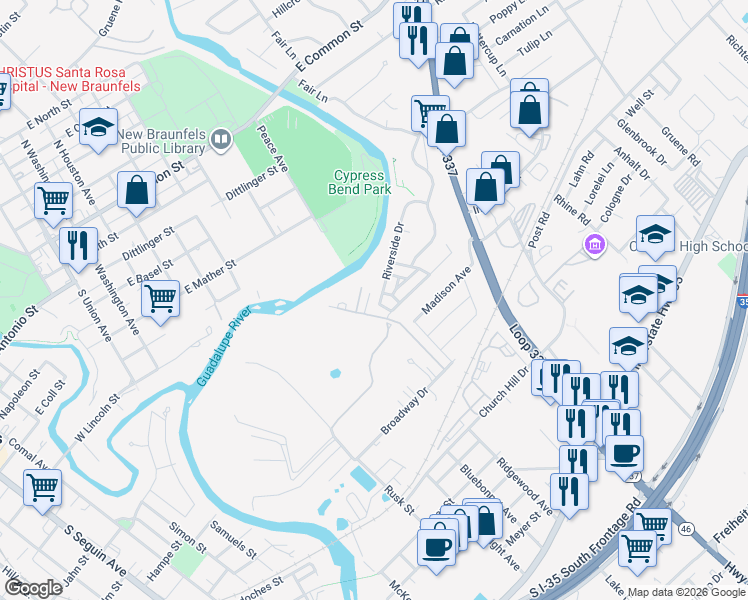map of restaurants, bars, coffee shops, grocery stores, and more near 509 Riverside Drive in New Braunfels