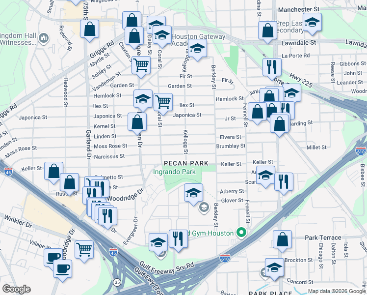 map of restaurants, bars, coffee shops, grocery stores, and more near 7503 Narcissus Street in Houston
