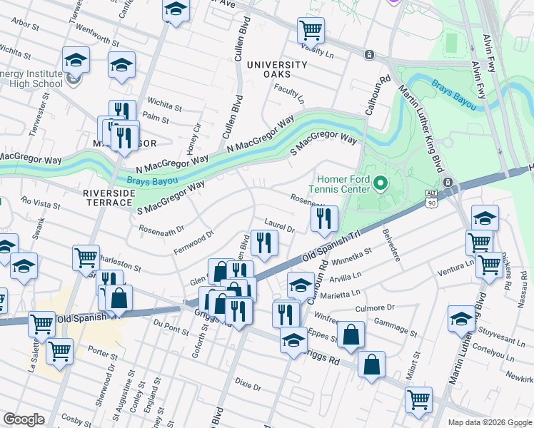 map of restaurants, bars, coffee shops, grocery stores, and more near 4311 Laurel Drive in Houston