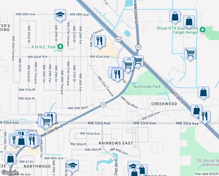 map of restaurants, bars, coffee shops, grocery stores, and more near 5801 Northwest 23rd Terrace in Gainesville