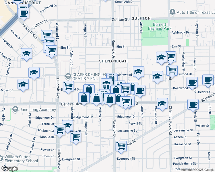 map of restaurants, bars, coffee shops, grocery stores, and more near 5920 Dashwood Drive in Houston
