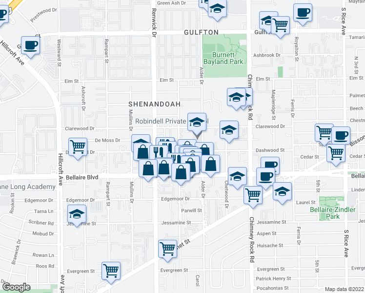 map of restaurants, bars, coffee shops, grocery stores, and more near 6655 Dashwood Drive in Houston