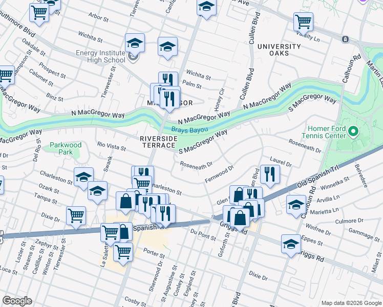 map of restaurants, bars, coffee shops, grocery stores, and more near 4003 Roseneath Drive in Houston
