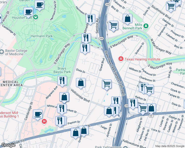 map of restaurants, bars, coffee shops, grocery stores, and more near 2422 South Mystic Meadow in Houston