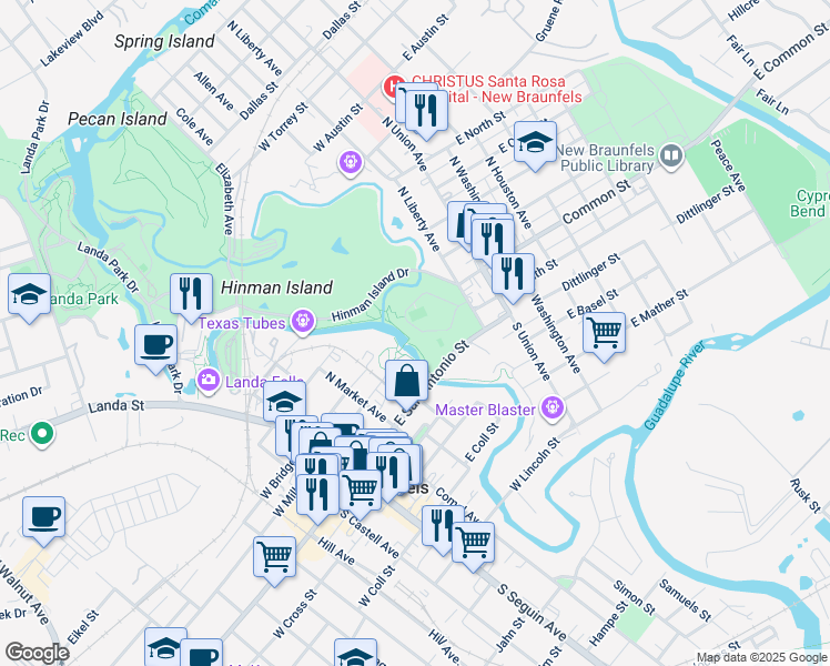 map of restaurants, bars, coffee shops, grocery stores, and more near 100 Liebscher Drive in New Braunfels