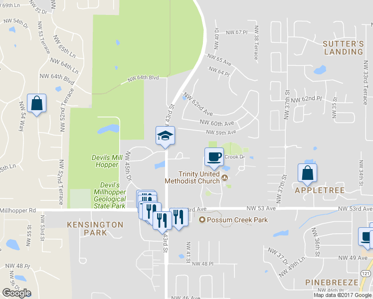 map of restaurants, bars, coffee shops, grocery stores, and more near 5701 Northwest 43rd Street in Gainesville