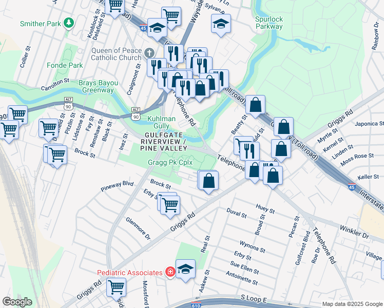 map of restaurants, bars, coffee shops, grocery stores, and more near 6200 Wheeler Street in Houston
