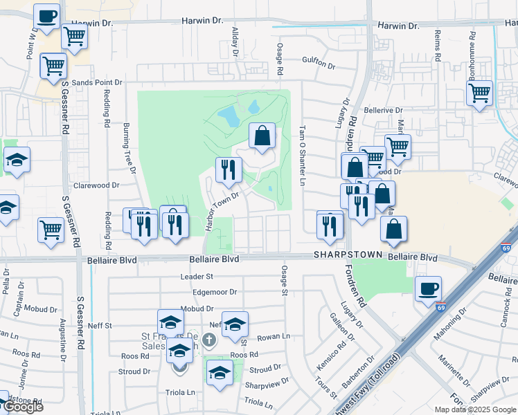 map of restaurants, bars, coffee shops, grocery stores, and more near 6555 Harbor Town Drive in Houston