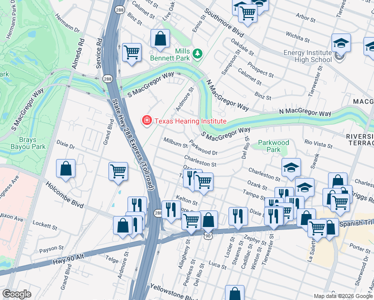 map of restaurants, bars, coffee shops, grocery stores, and more near 3305 Charleston Street in Houston