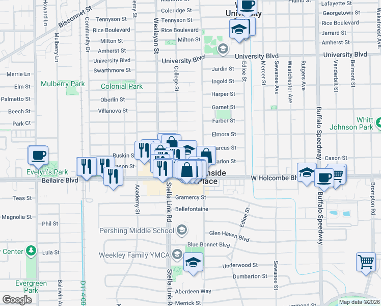 map of restaurants, bars, coffee shops, grocery stores, and more near 6703 West College Street in Houston