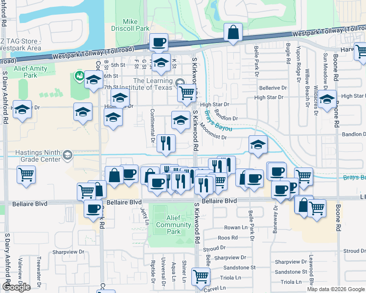 map of restaurants, bars, coffee shops, grocery stores, and more near 4418 South Kirkwood Road in Houston