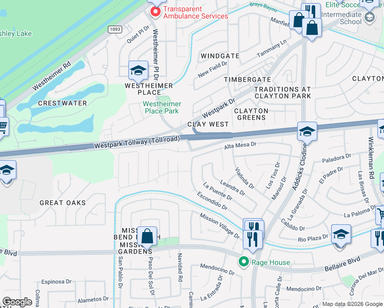 map of restaurants, bars, coffee shops, grocery stores, and more near 6506 Escondido Drive in Houston