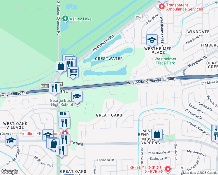 map of restaurants, bars, coffee shops, grocery stores, and more near 16818 Westpark Drive in Houston