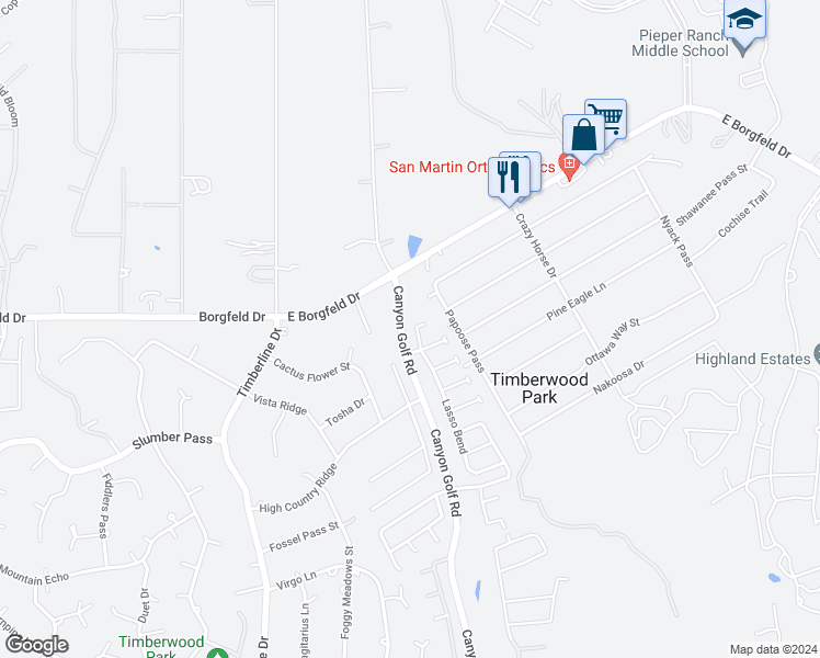 map of restaurants, bars, coffee shops, grocery stores, and more near 27723 Lasso Bend in San Antonio